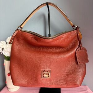 Dooney & Bourke Mahogany Brown Pebbled Leather Large Hobo Bag with Gold Accents